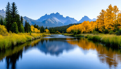 Fototapeta premium Serene autumnal landscape with a calm river reflecting mountains and colorful trees