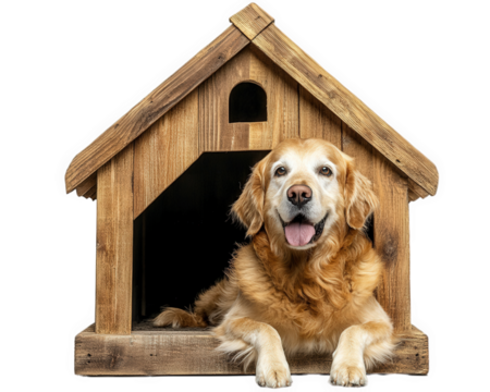 golden retriever dog relaxing in wooden dog house, showcasing happy expression. rustic design of house adds charm to scene