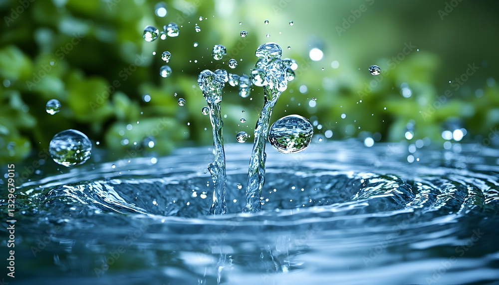 Poster water droplets impact the surface, creating concentric ripples and splashes. clean, refreshing image