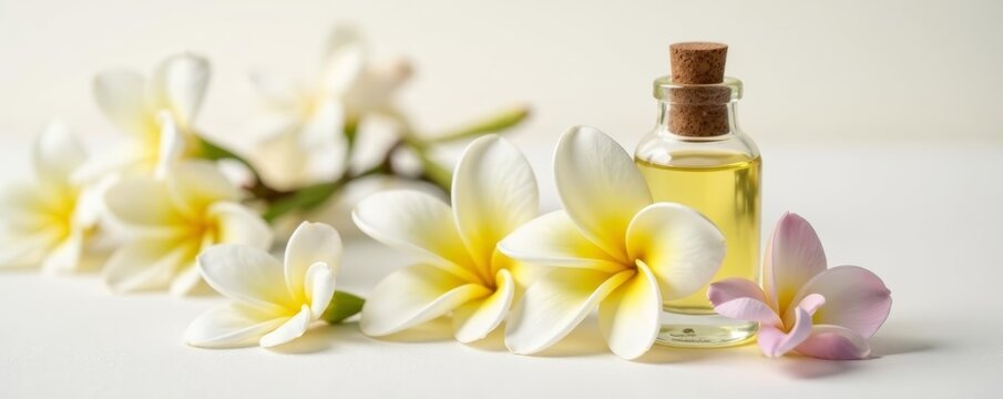 Close-up of a bottle of monoi oil and delicate flowers on a white background, spa, relaxation, luxury