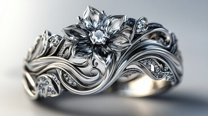 Exquisite Majestic Silver Ring with Fantasy Design on Transparent Background