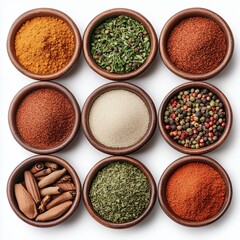 Overhead View of Nine Bowls Filled with Assorted Spices and Herbs