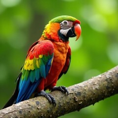Fototapeta premium Close-up of a colorful parrot resting on a textured tree branch, bird, texture, vibrant