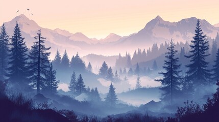 Misty Fir Forest Landscape in Vintage Hipster Style