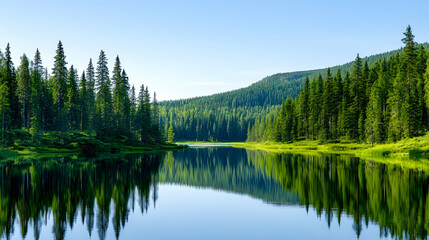 Obraz premium Serene lake reflecting lush forest