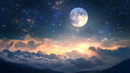Serene Moon and Stars Over Horizon at Night with Vivid Silhouette - Stock Photo