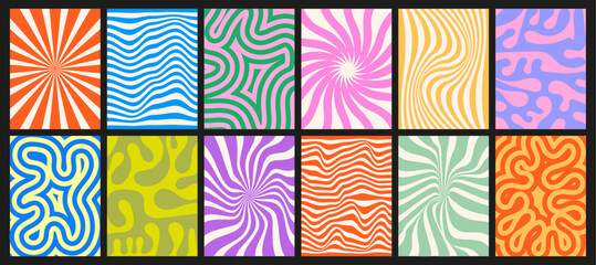 Collection of funky backgrounds with colorful patterns. Textures with groovy vector elements. Set of abstract decorative shapes with a hippie vibe.