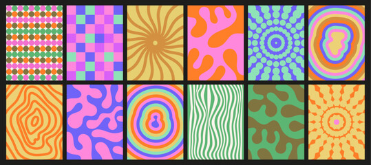 Collection of funky backgrounds with colorful patterns. Textures with groovy vector elements. Set of abstract decorative shapes with a hippie vibe.