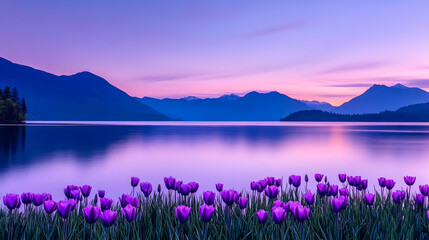 Fototapeta premium Serene lake scene at dawn, with vibrant purple tulips. Calm water reflecting mountains