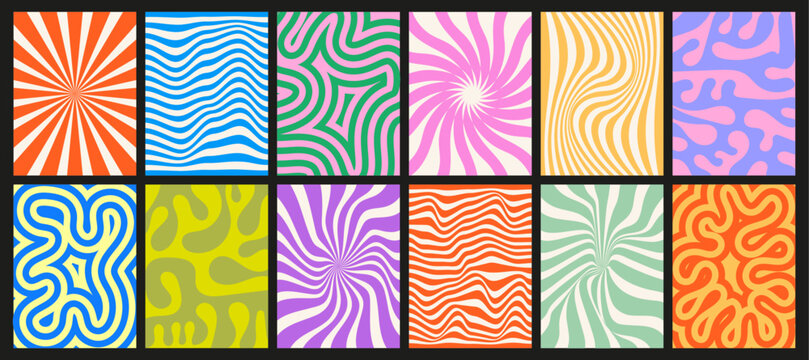 Collection of funky backgrounds with colorful patterns. Textures with groovy vector elements. Set of abstract decorative shapes with a hippie vibe.