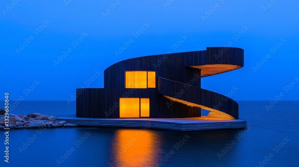 Poster modern architectural structure with illuminated windows and spiraling staircase beside a calm ocean 