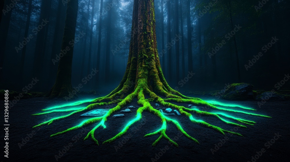 Poster a mystical tree with glowing roots in a foggy forest, creating an enchanting and serene atmosphere.