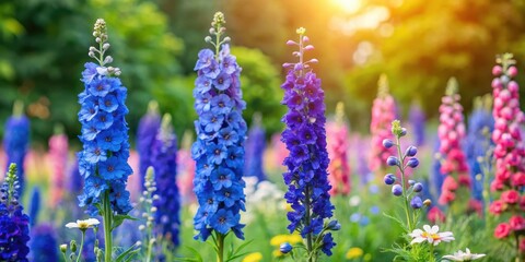 Colorful blue delphinium flowers in a garden with lush greenery and vibrant wildflowers
