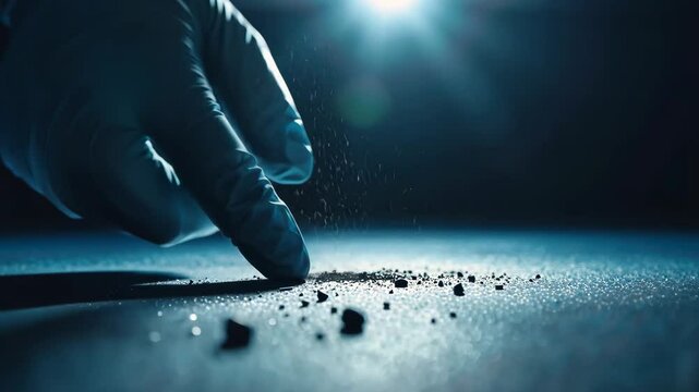 Gloved Hand Gently Touches Scattered Particles on Surface, Illuminated by Dramatic Light, Highlighting Details