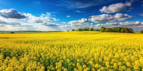 Obraz premium Vibrant rapeseed field landscape with blooming mustard plants , agriculture, blue sky