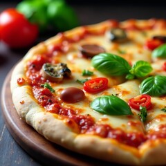 Close-up of a delicious homemade pizza with melted cheese and fresh toppings, pizza, flatbread, cheesy