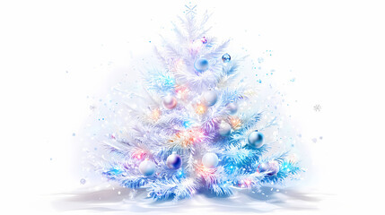 Sparkling white christmas tree adorned with vibrant led lights, glass ornaments, and iridescent garland, against a pure white background, exuding festive holiday magic. Frosted Luminance. Illustration