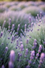 Obraz premium Fields of lavender bloom under soft sunlight in a serene countryside setting during late afternoon