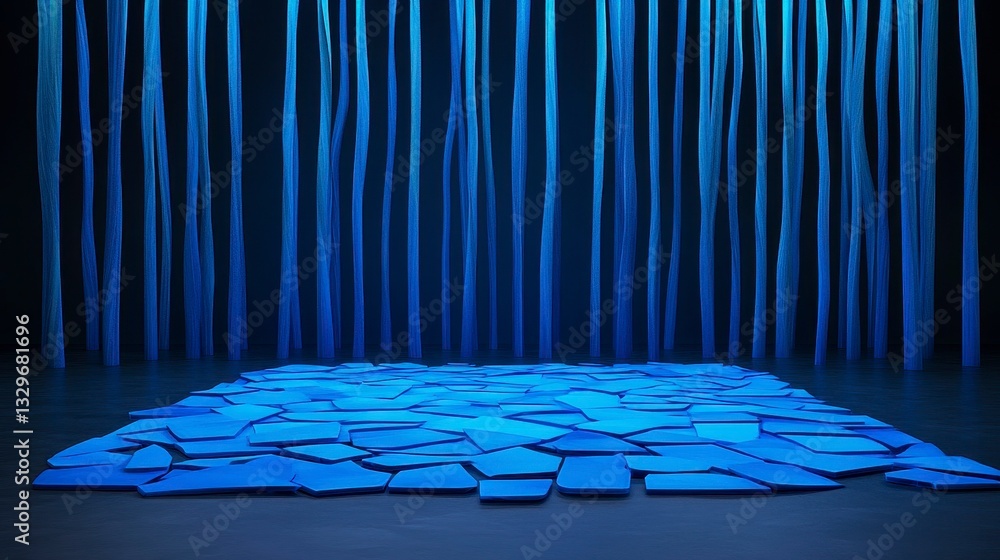 Poster blue abstract art installation featuring fragmented shapes on the floor and vertical strands in a da