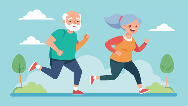 A devoted elderly couple maintaining a healthy lifestyle by hitting the pavement for a jog every morning.. Vector illustration