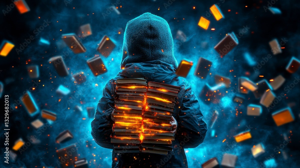 Poster mysterious figure with glowing books creating a magical aura in a storm of floating literature