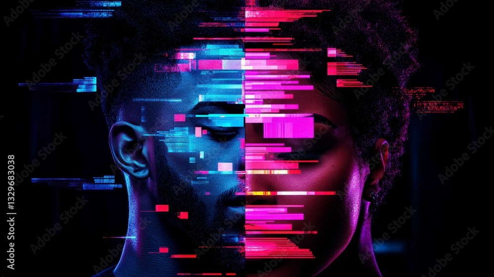 Poster a captivating digital art piece illustrating the duality of identity through a fragmented portrait o