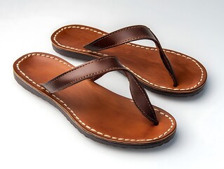 Brown leather sandals on white background.