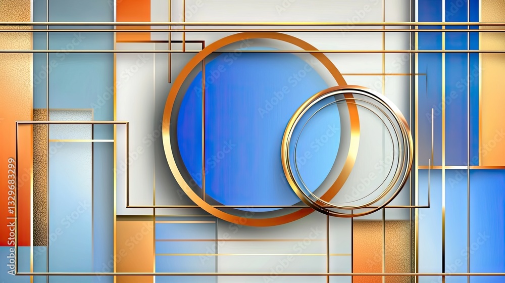 Poster minimalist abstract background with overlapping geometric shapes in shades of blue and gold.