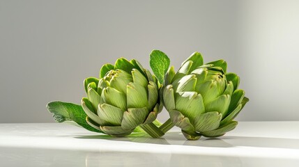 Minimalist composition of two green artichokes, their vibrant hue contrasting with the bright white background.