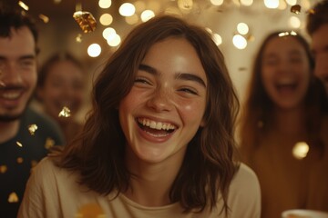 Fototapeta premium Friends celebrate joyfully at a festive gathering with laughter and confetti during a cheerful evening