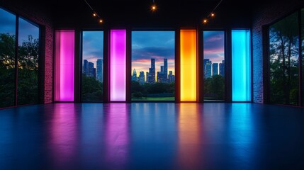 Fototapeta premium Modern interior space with illuminated panels showcasing a stunning sunset view of a city skyline