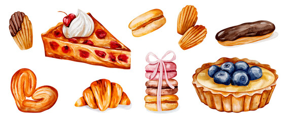 French Dessert Clip Art Set – Watercolor Illustrations of Macarons, Éclairs, Madeleines, and More for Patisserie Lovers