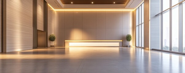 Modern architectural interior space with a reception desk and windows
