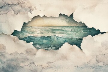 Torn paper revealing a serene ocean scene, showcasing calming blue waves and soft watercolor tones, perfect for relaxation and tranquility themes