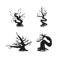 A vector illustration of four twisted, barren tree silhouettes in black. The eerie and abstract design is perfect for Halloween, gothic themes, fantasy artwork, and spooky decorations.