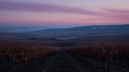 Obraz premium Serene Vineyard Sunset Rows of Vines at Dusk