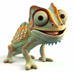 Chameleon with a bright and fun expression on a white background.