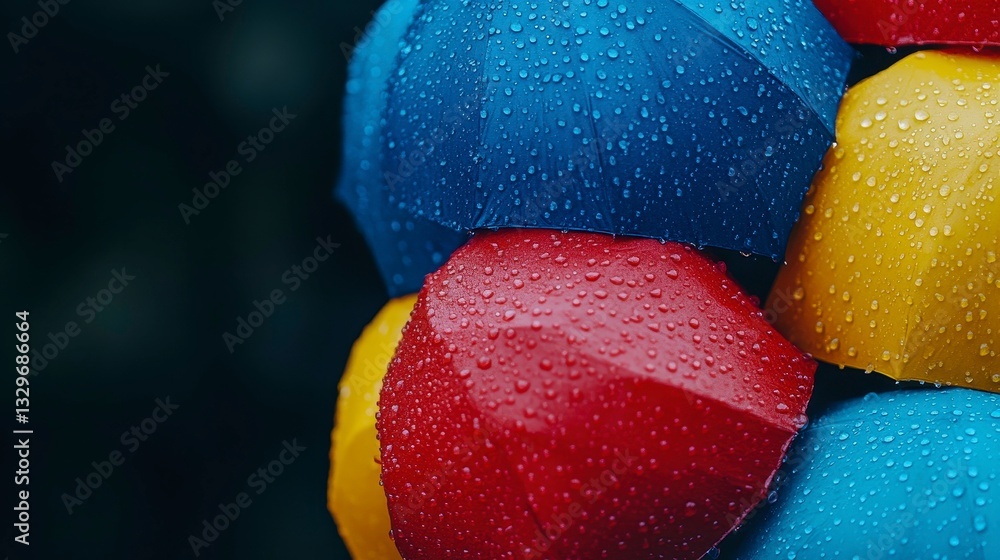 Poster colorful umbrellas with raindrops creating a vibrant scene of wet weather in a close-up composition