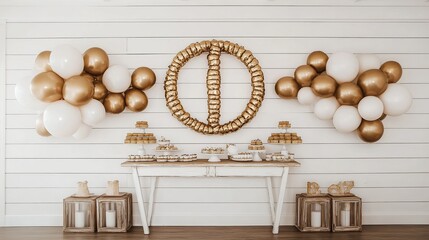 Gold-white balloons, dessert table, wood wall, party setup