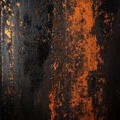 A textured rusted metal surface featuring dark black and orange vertical streaks with a corroded industrial and aged aesthetic
