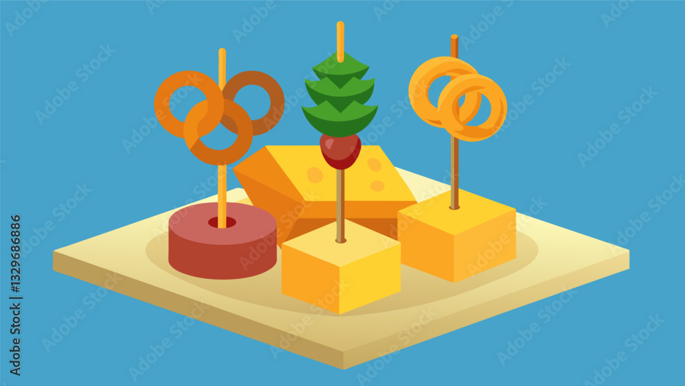 Poster cheese cubes pretzel sticks and fruit skewers create a playful snack platter for little ones.. vecto
