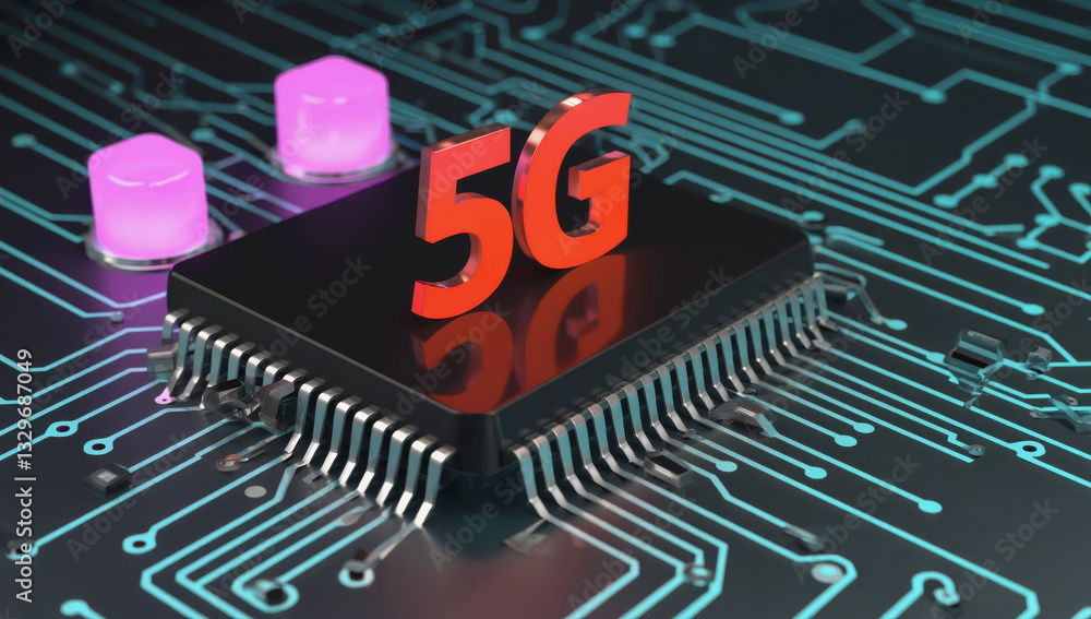 Poster mobile network and connectivity concept, 5g technology chip on circuit board with glowing elements
