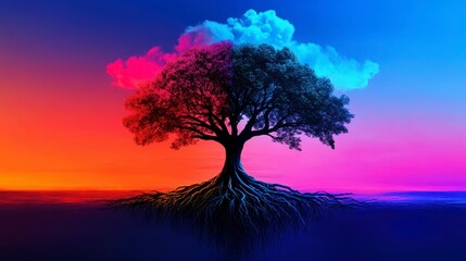 Obraz premium A beautiful tree silhouetted against a vibrant gradient of colors in the sky, reflecting nature's serene beauty and depth.