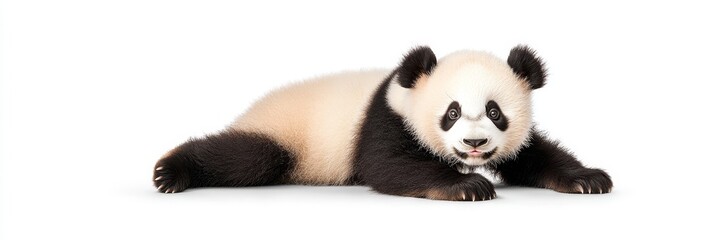 Obraz premium Adorable Panda Cub Lying Down - A cute baby panda lies on its belly, looking playfully at the camera against a white background