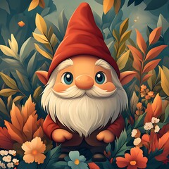 Fantasy cartoon gnome illustration posing joyfully in vibrant garden picture