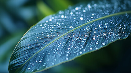 Blue tropical leaf covered with water droplets after rain showing detailed structure and veins. Natural hydrophobic surface for environmental concept
