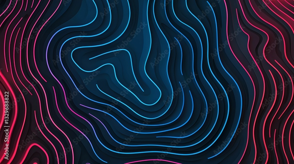 Poster abstract background topographic lines depth concept. abstract wavy lines in blue and red on a dark b
