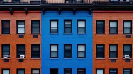 Fototapeta premium A striking urban view of colorful apartment building facades showcasing bold colors and architectural elements in a city setting.