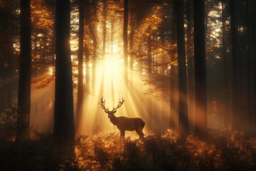 Majestic deer standing in a sunlit forest surrounded by golden autumn hues during early morning hours