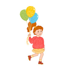 Vector Colorful Illustration of Girl Walks with a Bunch of Balloons Isolated on White Background